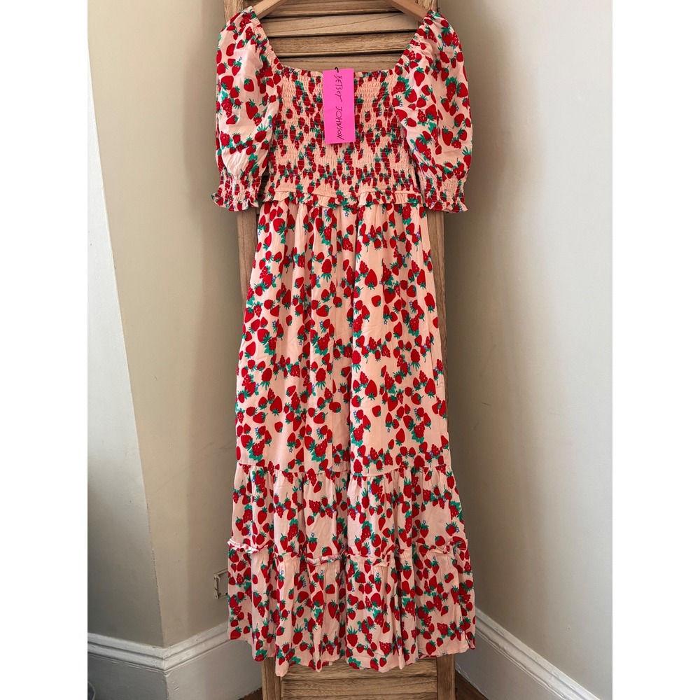 Betsey Johnson Strawberry  Cottagecore Smocked Maxi Dress Pearl Blush XS